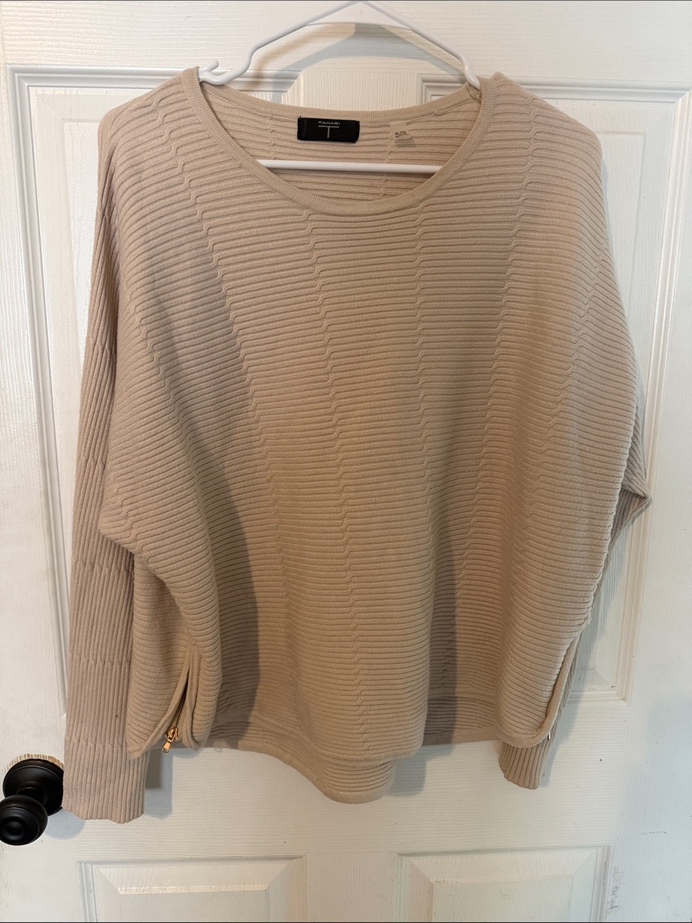 Tahari Light Beige Ribbed Crewneck Sweater